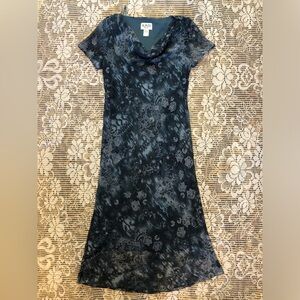 Kari NY Teal and Gray Sheath Midi Dress with waterfall Neck 12 flutter sleeve